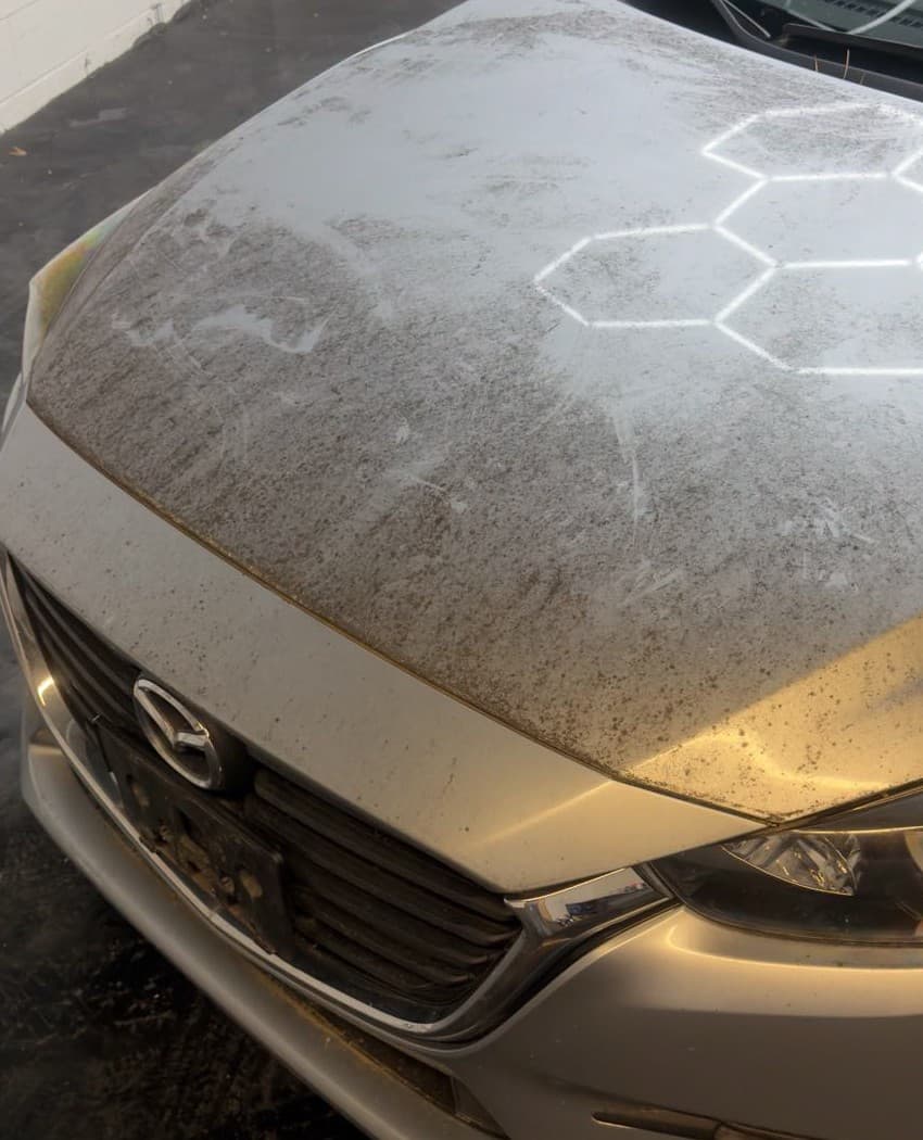 Silver Mazda hood covered in embedded dirt and mold before paint correction